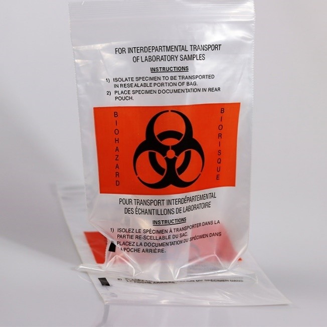 Biohazard Specimen bags used for transportation of Biohazard/lab products. Material: Plastic Thickness: 40Micron Dimension: 650x650mm Printing: 2 Color Zip Lock Closer