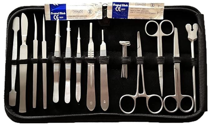 Mowell Stainless steel dissection kit set with tools for medical students of anatomy, biology, veterinary, marine biology with case and scalpel blades